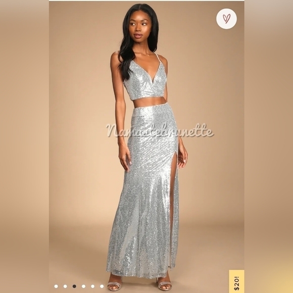 Nwt Lulu's Spotlights Shining Silver Sequin Two-Piece Maxi Dress - Picture 9 of 14